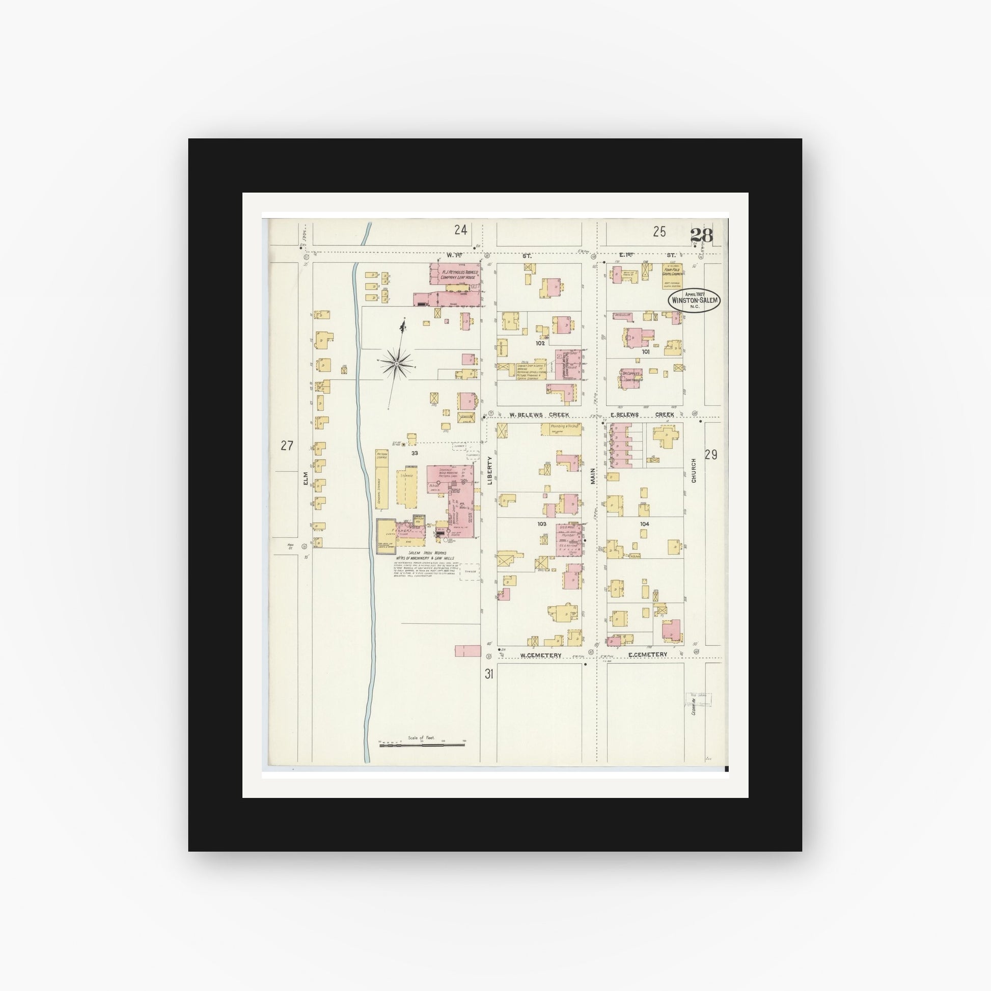 Old map wall art mockup — black gallery frame with white mat — Sanborn Fire Insurance Map from Winston-Salem, Forsyth County, North Carolina (1907), Sheet #0028