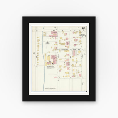 Old map wall art mockup — black gallery frame with white mat — Sanborn Fire Insurance Map from Winston-Salem, Forsyth County, North Carolina (1907), Sheet #0028
