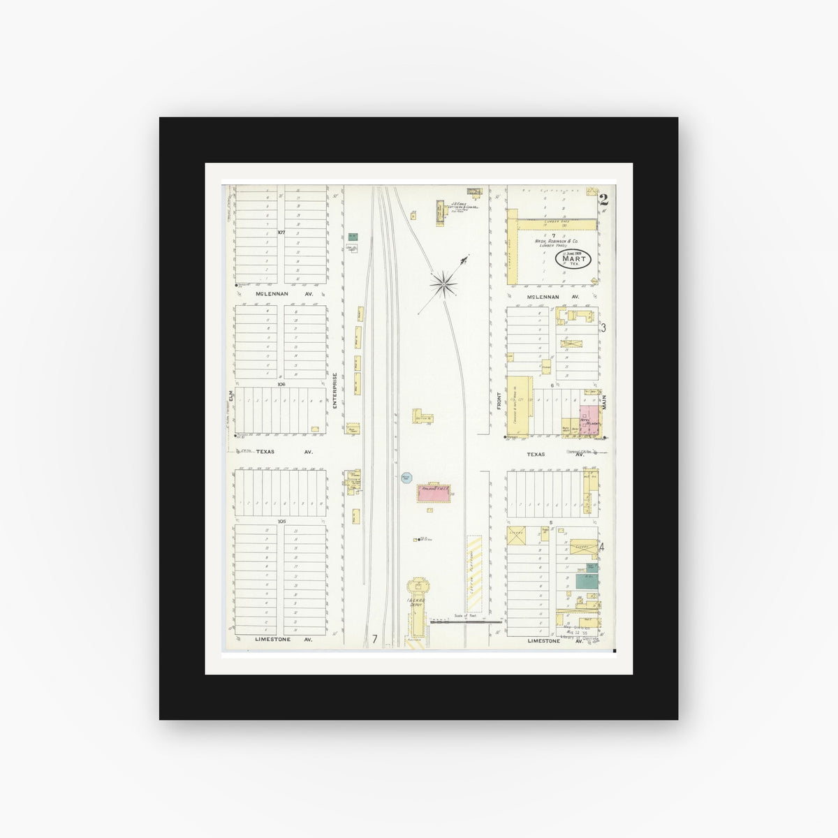 Old map wall art mockup — black gallery frame with white mat — Sanborn Fire Insurance Map from Mart, McLennan County, Texas (1909), Sheet #0002