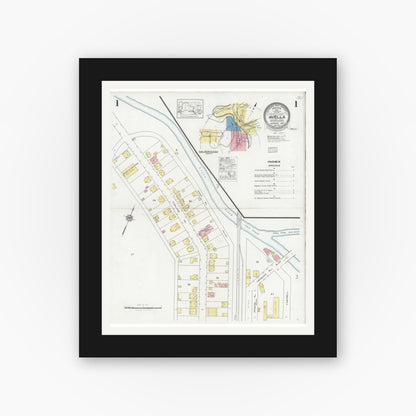 Old map wall art mockup — black gallery frame with white mat — Sanborn Fire Insurance Map from Avella, Washington County, Pennsylvania (1927), Sheet #0001