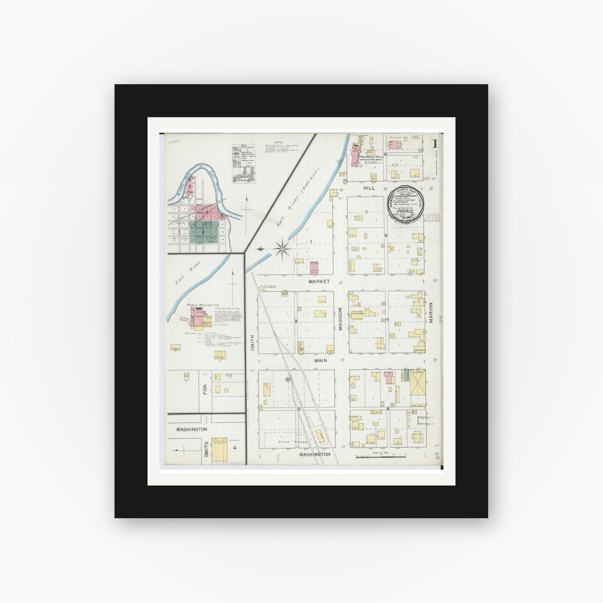 Old map wall art mockup — black gallery frame with white mat — Sanborn Fire Insurance Map from Paris, Monroe County, Missouri (1893) - Complete Map Set