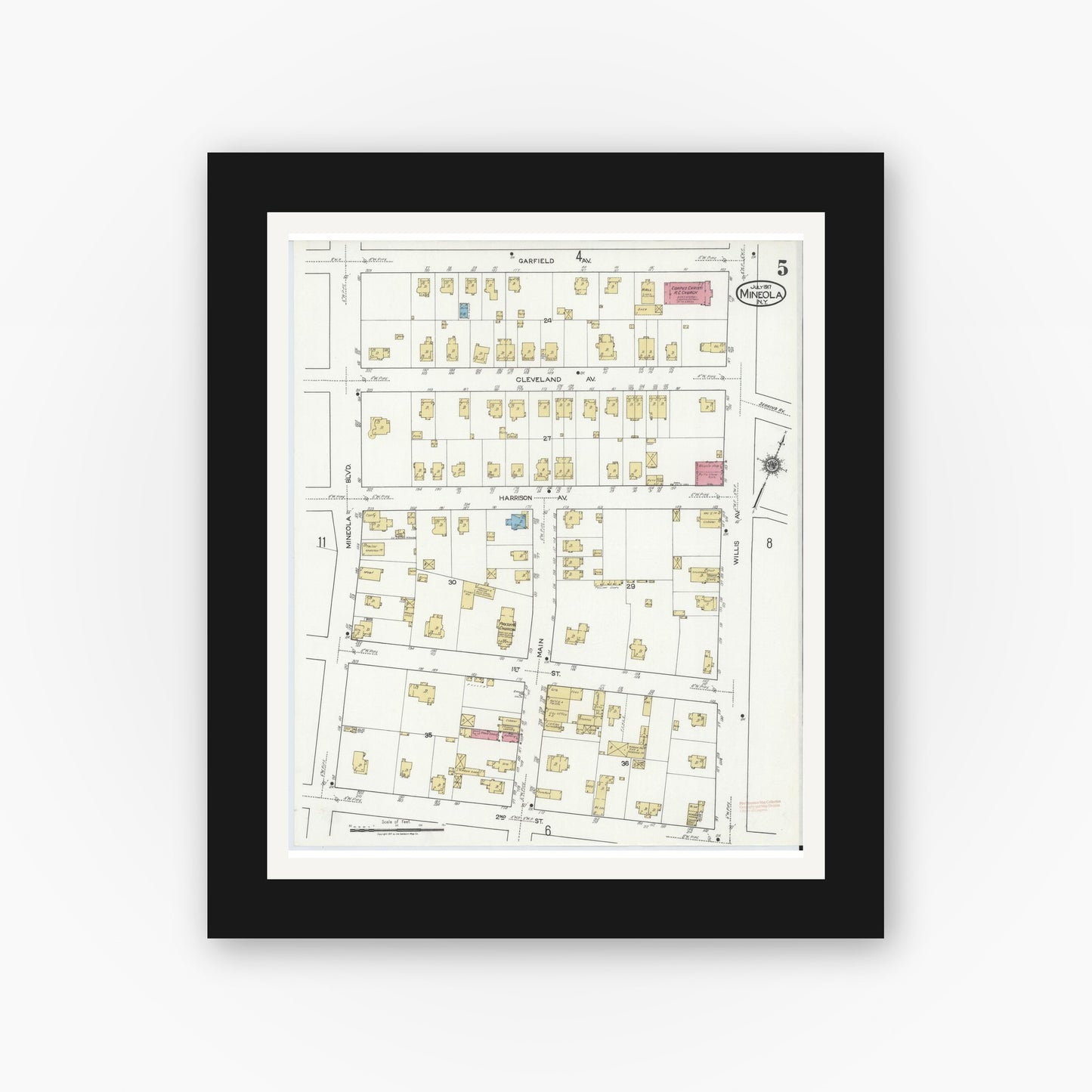 Old map wall art mockup — black gallery frame with white mat — Sanborn Fire Insurance Map from Mineola, Nassau County, New York (1917), Sheet #0005