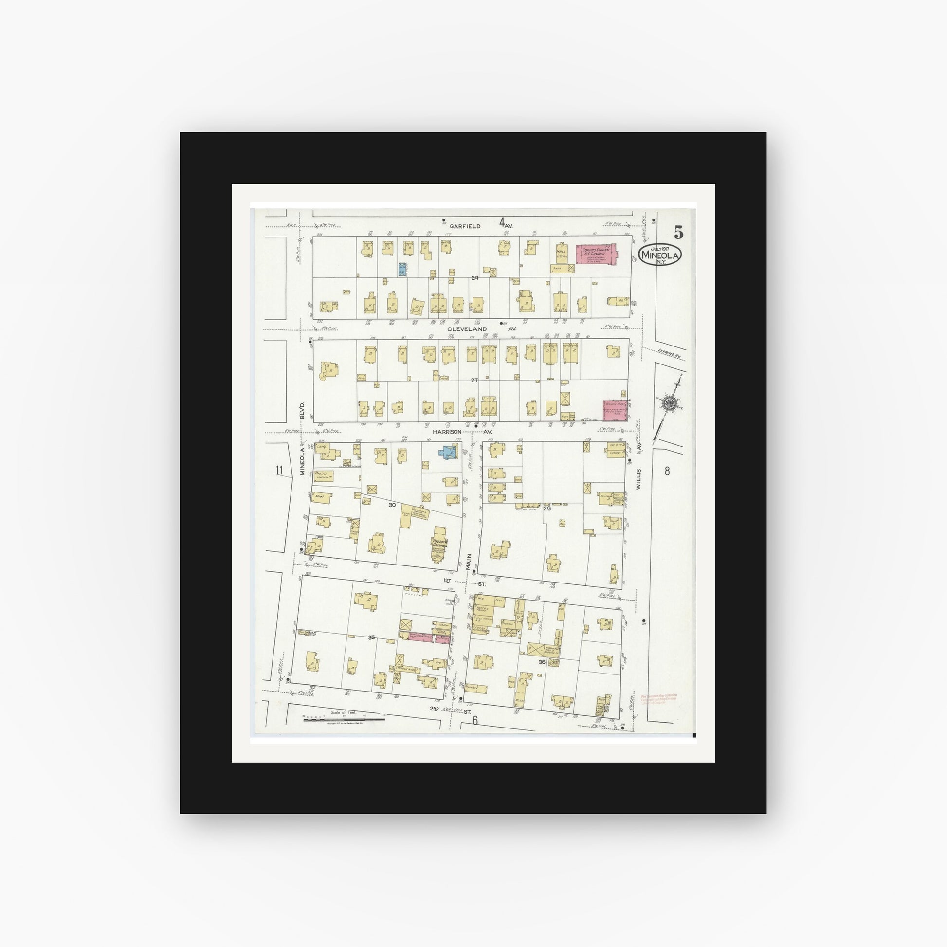 Old map wall art mockup — black gallery frame with white mat — Sanborn Fire Insurance Map from Mineola, Nassau County, New York (1917), Sheet #0005