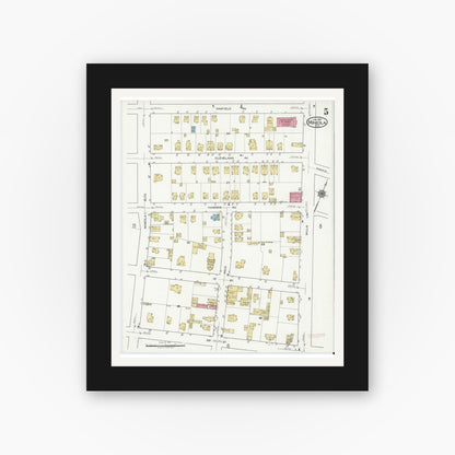 Old map wall art mockup — black gallery frame with white mat — Sanborn Fire Insurance Map from Mineola, Nassau County, New York (1917), Sheet #0005