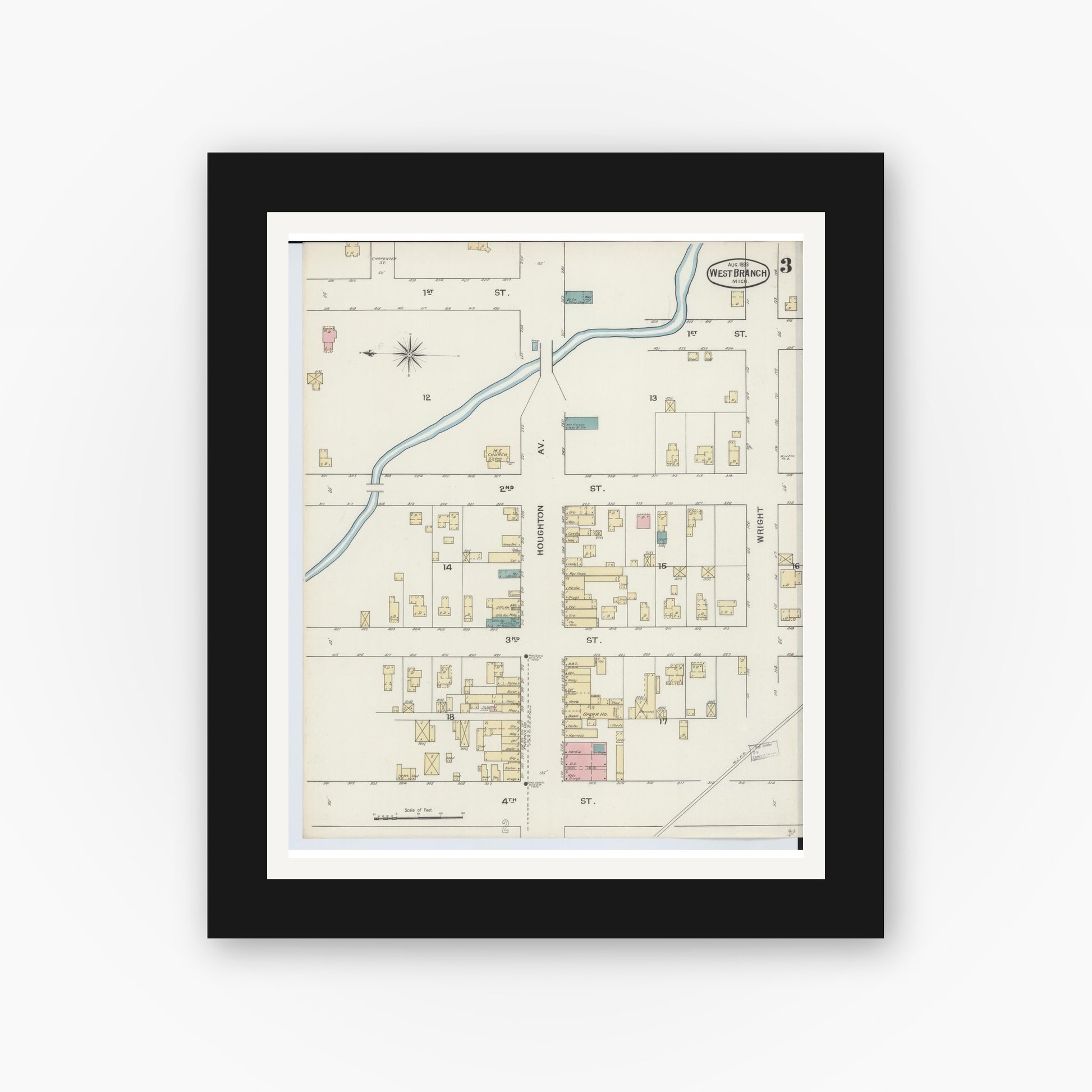 Old map wall art mockup — black gallery frame with white mat — Sanborn Fire Insurance Map from West Branch, Ogemaw County, Michigan (1893), Sheet #0003