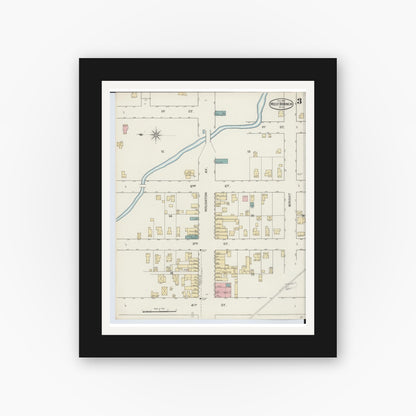 Old map wall art mockup — black gallery frame with white mat — Sanborn Fire Insurance Map from West Branch, Ogemaw County, Michigan (1893), Sheet #0003