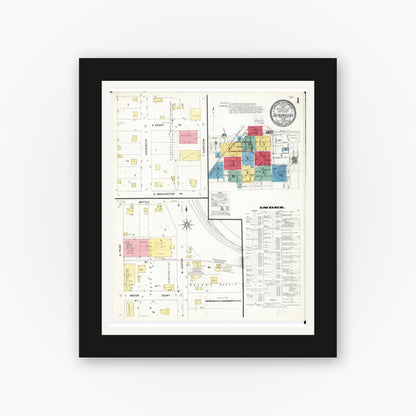 Old map wall art mockup — black gallery frame with white mat — Sanborn Fire Insurance Map from Shenandoah, Page County, Iowa (1909), Sheet #0001