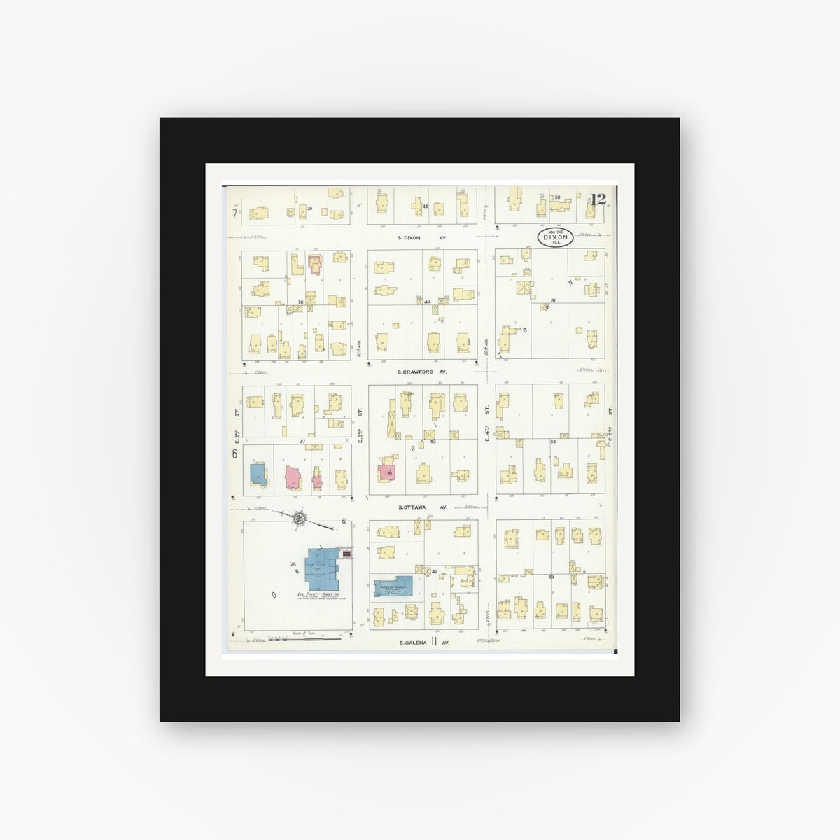 Old map wall art mockup — black gallery frame with white mat — Sanborn Fire Insurance Map from Dixon, Lee County, Illinois (1910), Sheet #0012