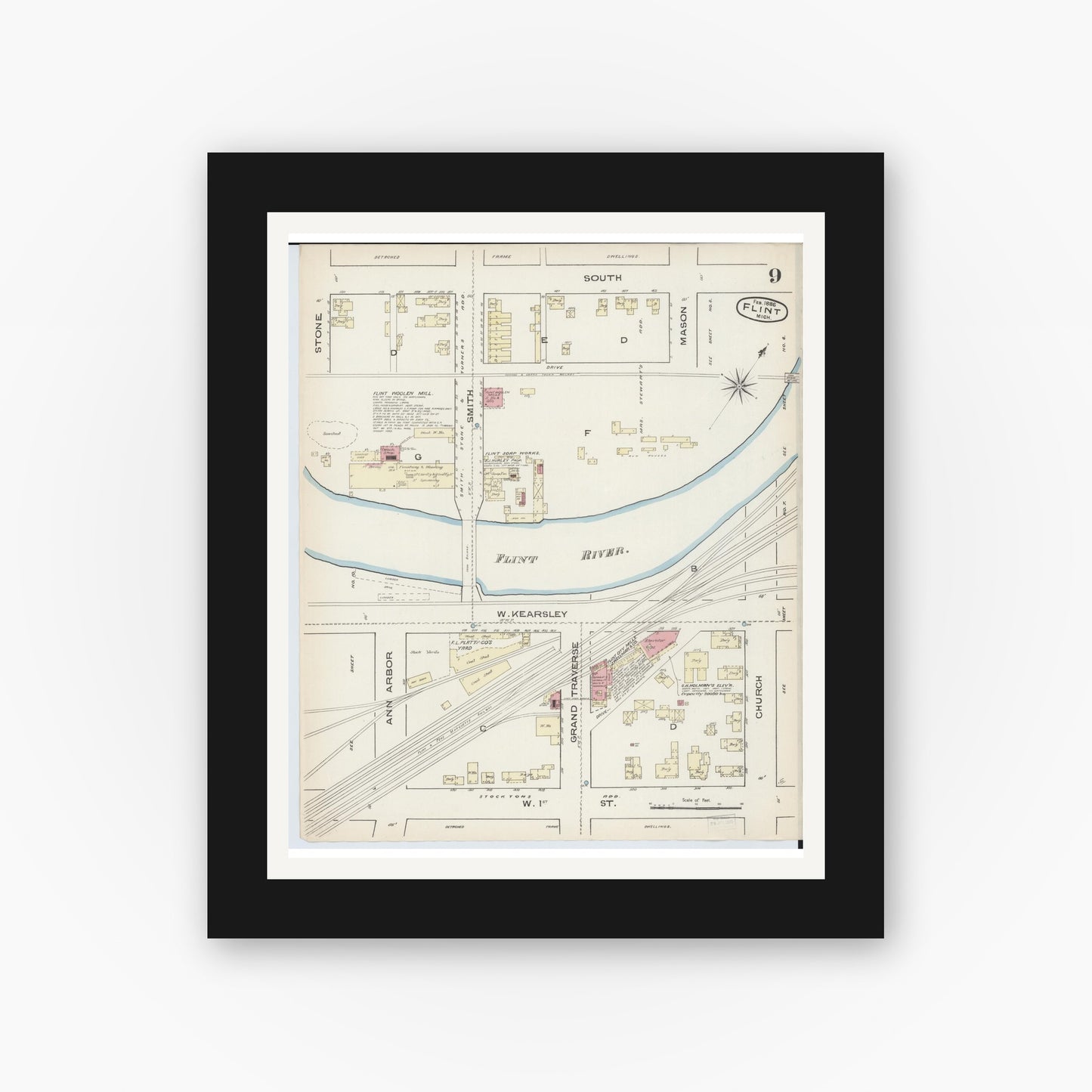 Old map wall art mockup — black gallery frame with white mat — Sanborn Fire Insurance Map from Flint, Genesee County, Michigan (1886), Sheet #0009