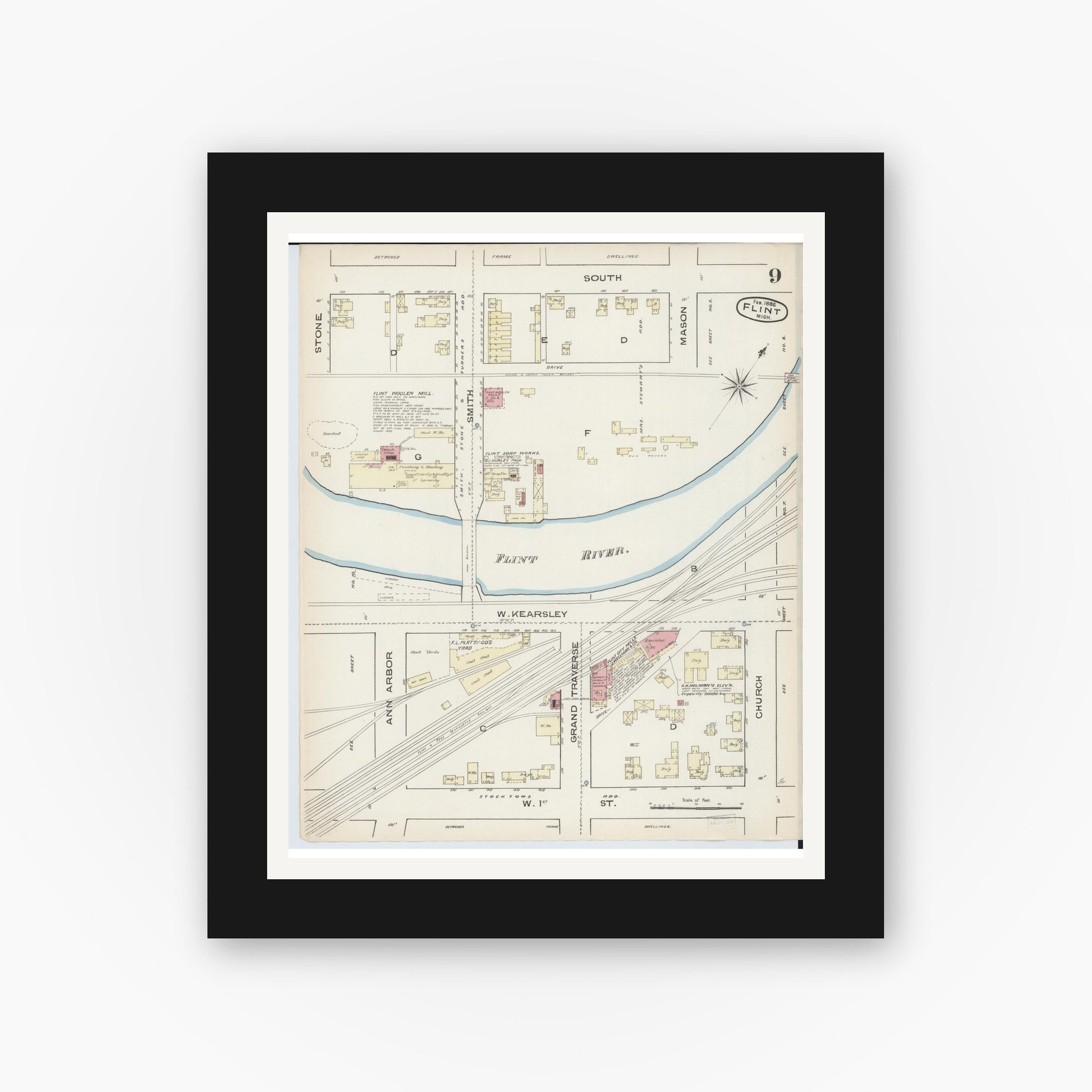 Old map wall art mockup — black gallery frame with white mat — Sanborn Fire Insurance Map from Flint, Genesee County, Michigan (1886), Sheet #0009
