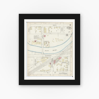 Old map wall art mockup — black gallery frame with white mat — Sanborn Fire Insurance Map from Flint, Genesee County, Michigan (1886), Sheet #0009