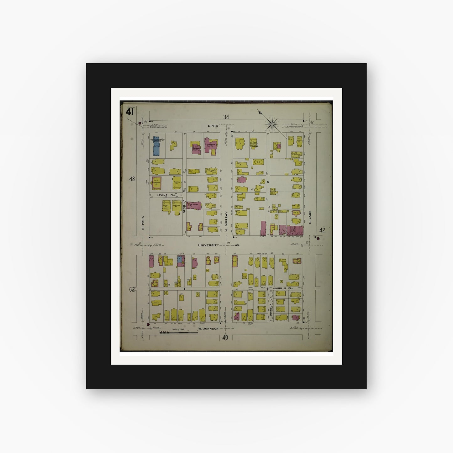 Old map wall art mockup — black gallery frame with white mat — Sanborn Fire Insurance Map from Madison, Dane County, Wisconsin (1908), Sheet #0041