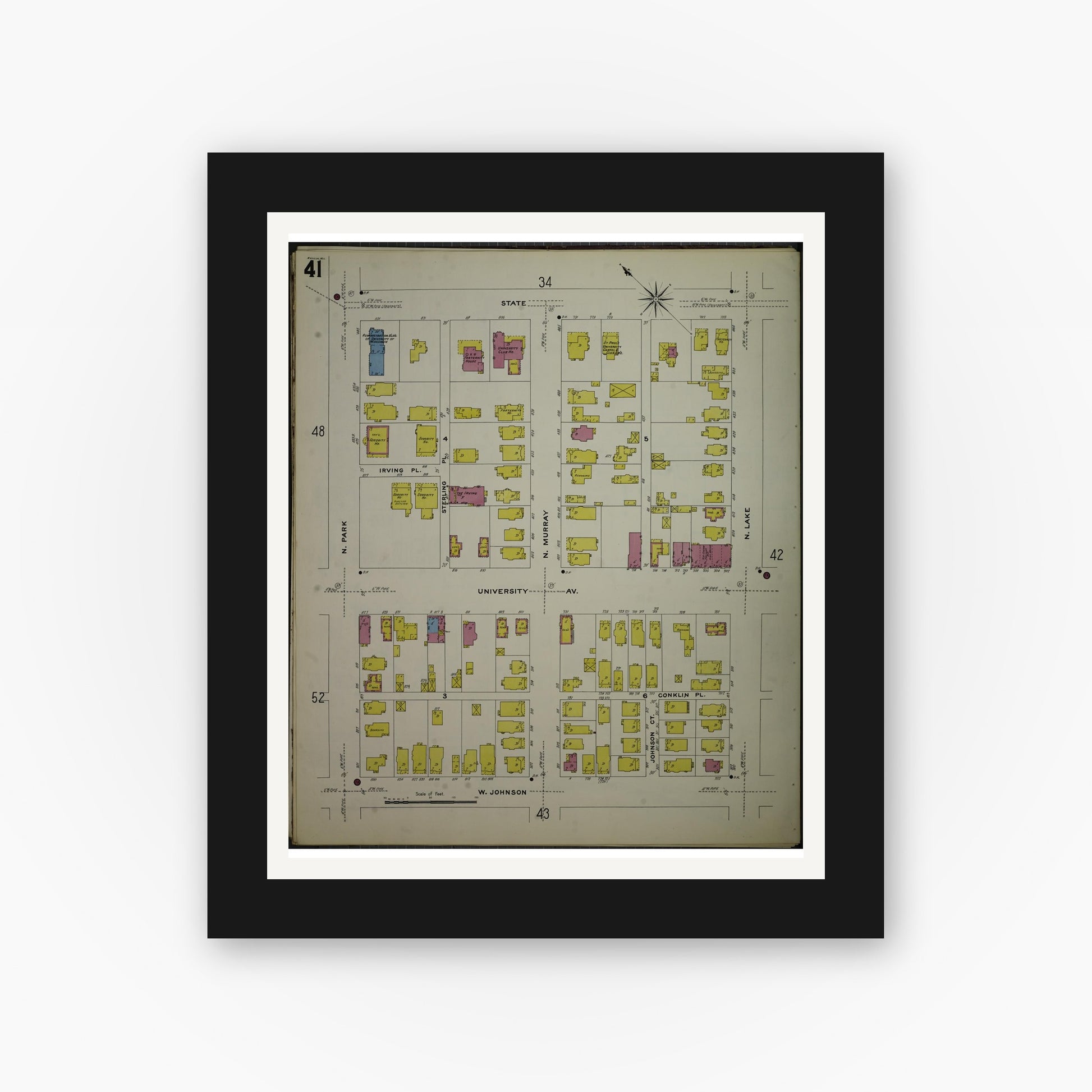 Old map wall art mockup — black gallery frame with white mat — Sanborn Fire Insurance Map from Madison, Dane County, Wisconsin (1908), Sheet #0041