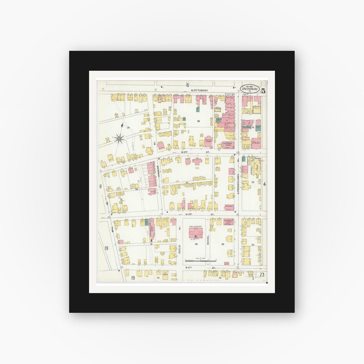 Old map wall art mockup — black gallery frame with white mat — Sanborn Fire Insurance Map from Greensburg, Westmoreland County, Pennsylvania (1903), Sheet #0005