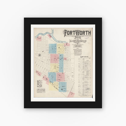 Old map wall art mockup — black gallery frame with white mat — Sanborn Fire Insurance Map from Fort Worth, Tarrant County, Texas (1885) - Complete Map Set