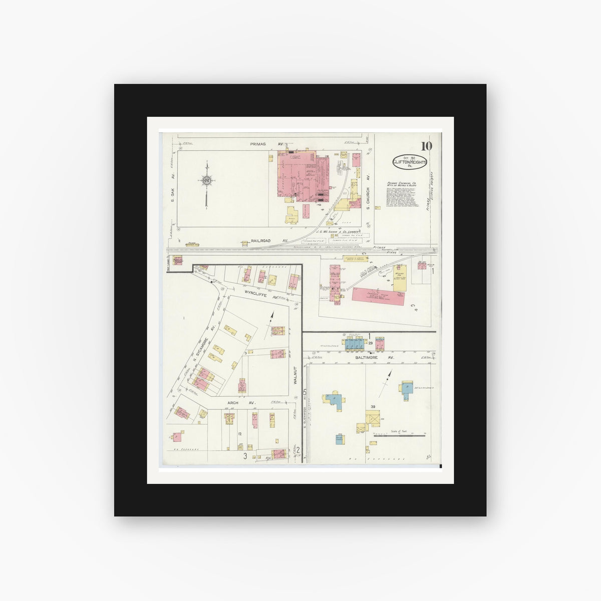 Old map wall art mockup — black gallery frame with white mat — Sanborn Fire Insurance Map from Clifton Heights, Delaware County, Pennsylvania (1912), Sheet #0010