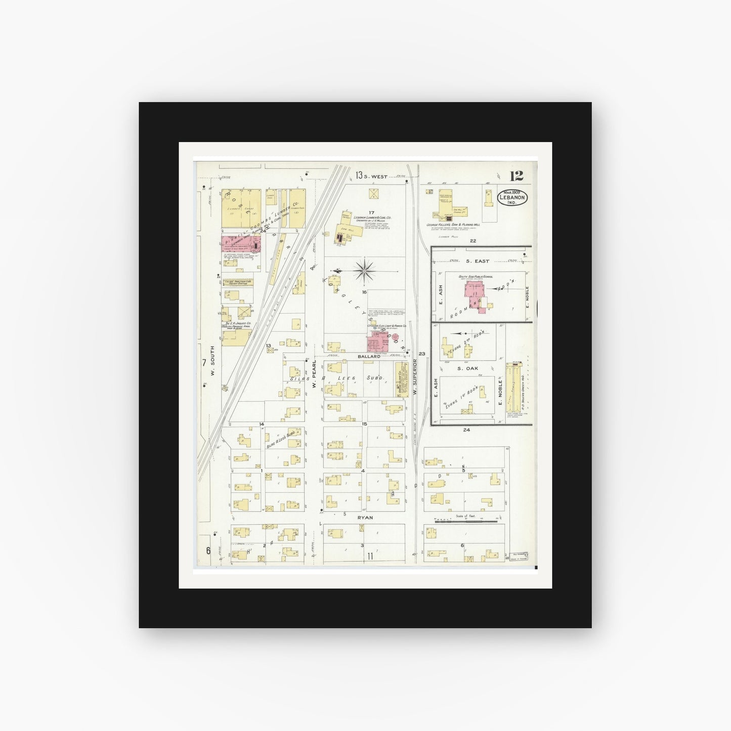 Old map wall art mockup — black gallery frame with white mat — Sanborn Fire Insurance Map from Lebanon, Boone County, Indiana (1909), Sheet #0012