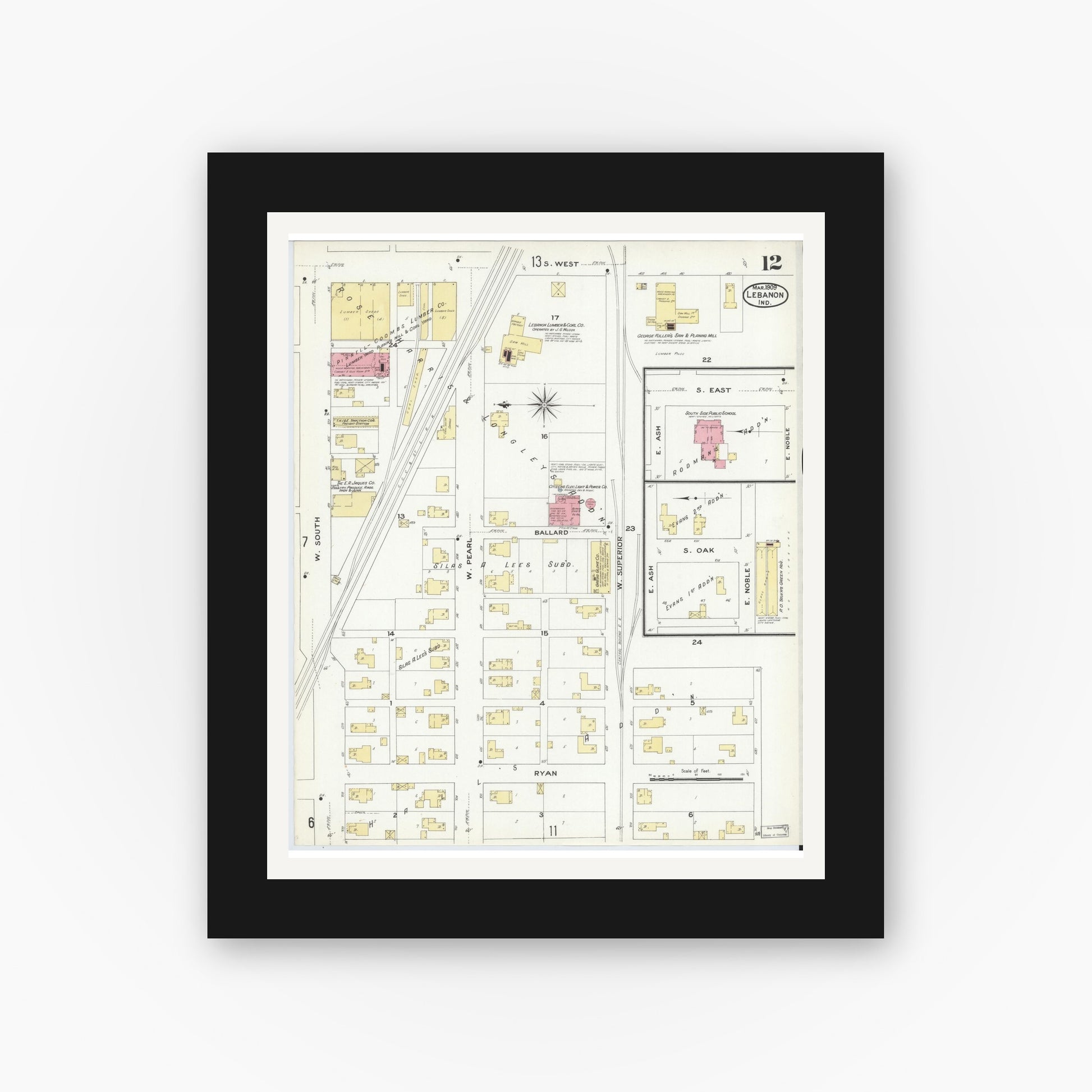 Old map wall art mockup — black gallery frame with white mat — Sanborn Fire Insurance Map from Lebanon, Boone County, Indiana (1909), Sheet #0012