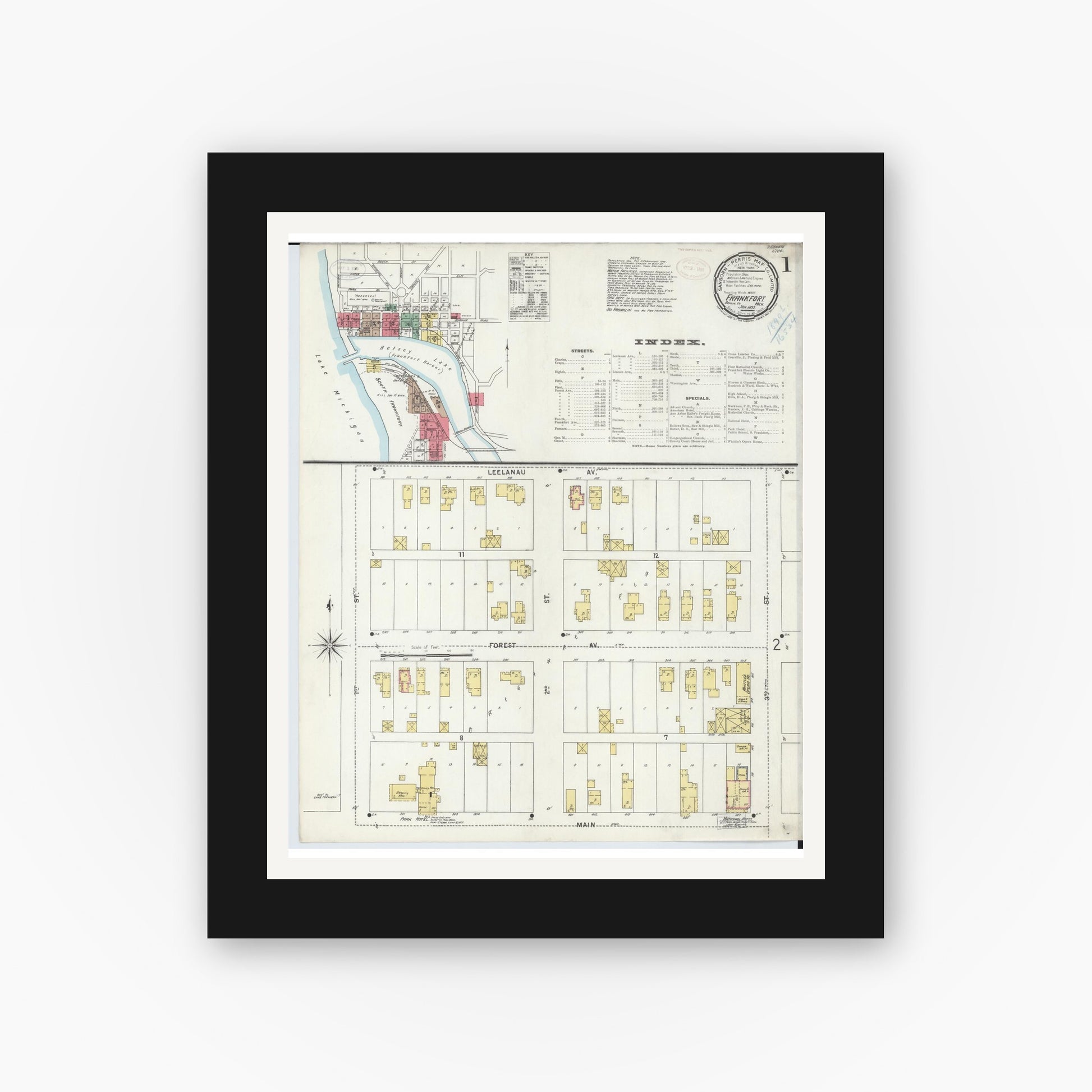 Old map wall art mockup — black gallery frame with white mat — Sanborn Fire Insurance Map from Frankfort, Benzie County, Michigan (1899) - Complete Map Set