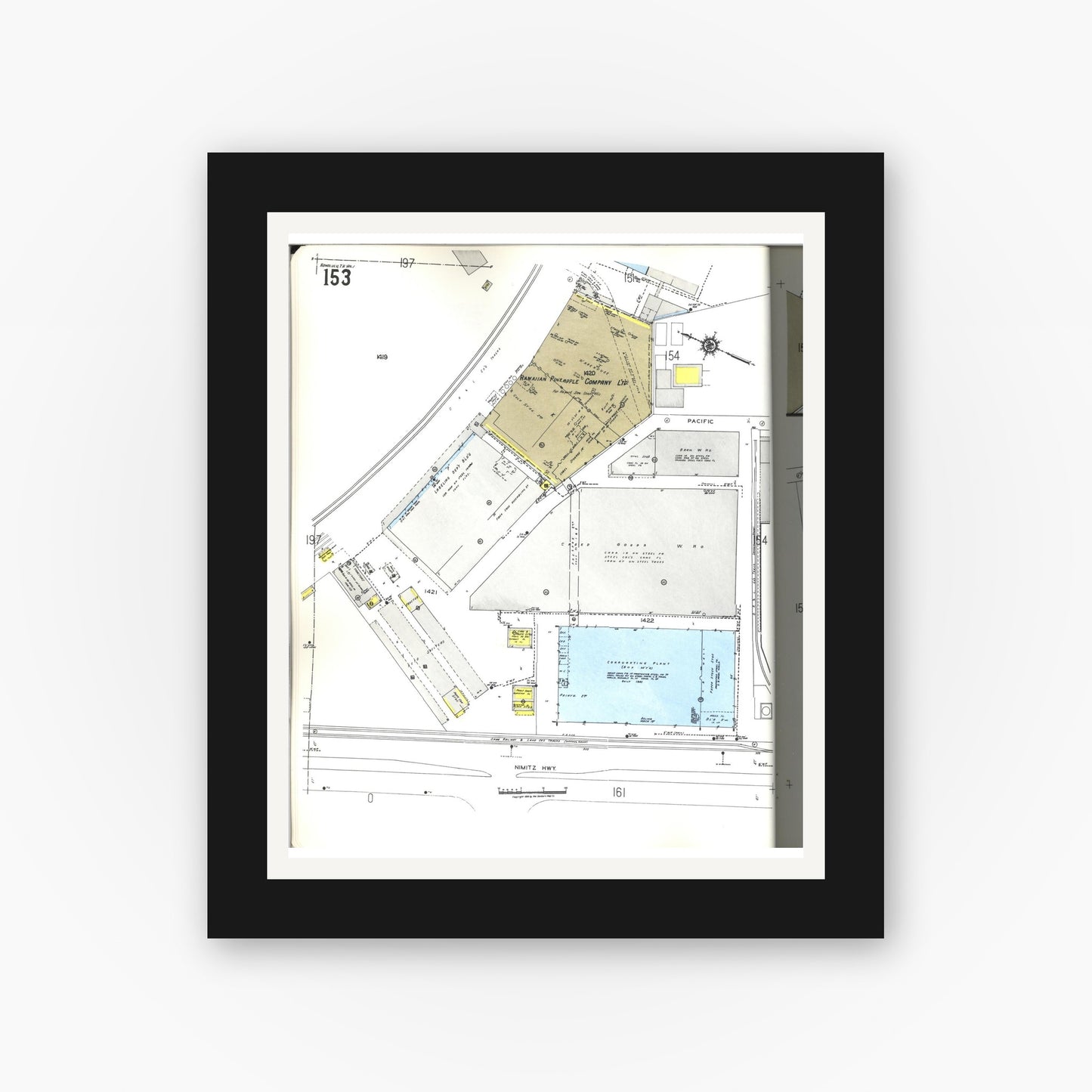 Old map wall art mockup — black gallery frame with white mat — Sanborn Fire Insurance Map from Honolulu, Oahu County, Hawaii (1955), Sheet #0153