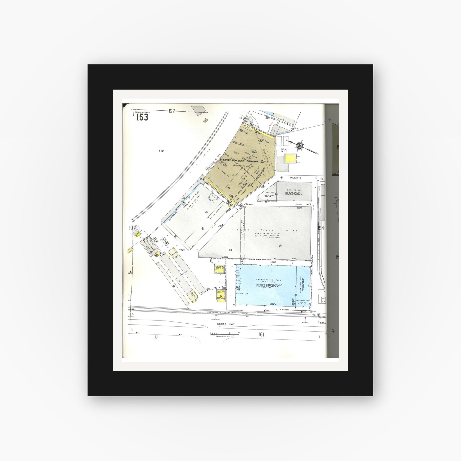 Old map wall art mockup — black gallery frame with white mat — Sanborn Fire Insurance Map from Honolulu, Oahu County, Hawaii (1955), Sheet #0153