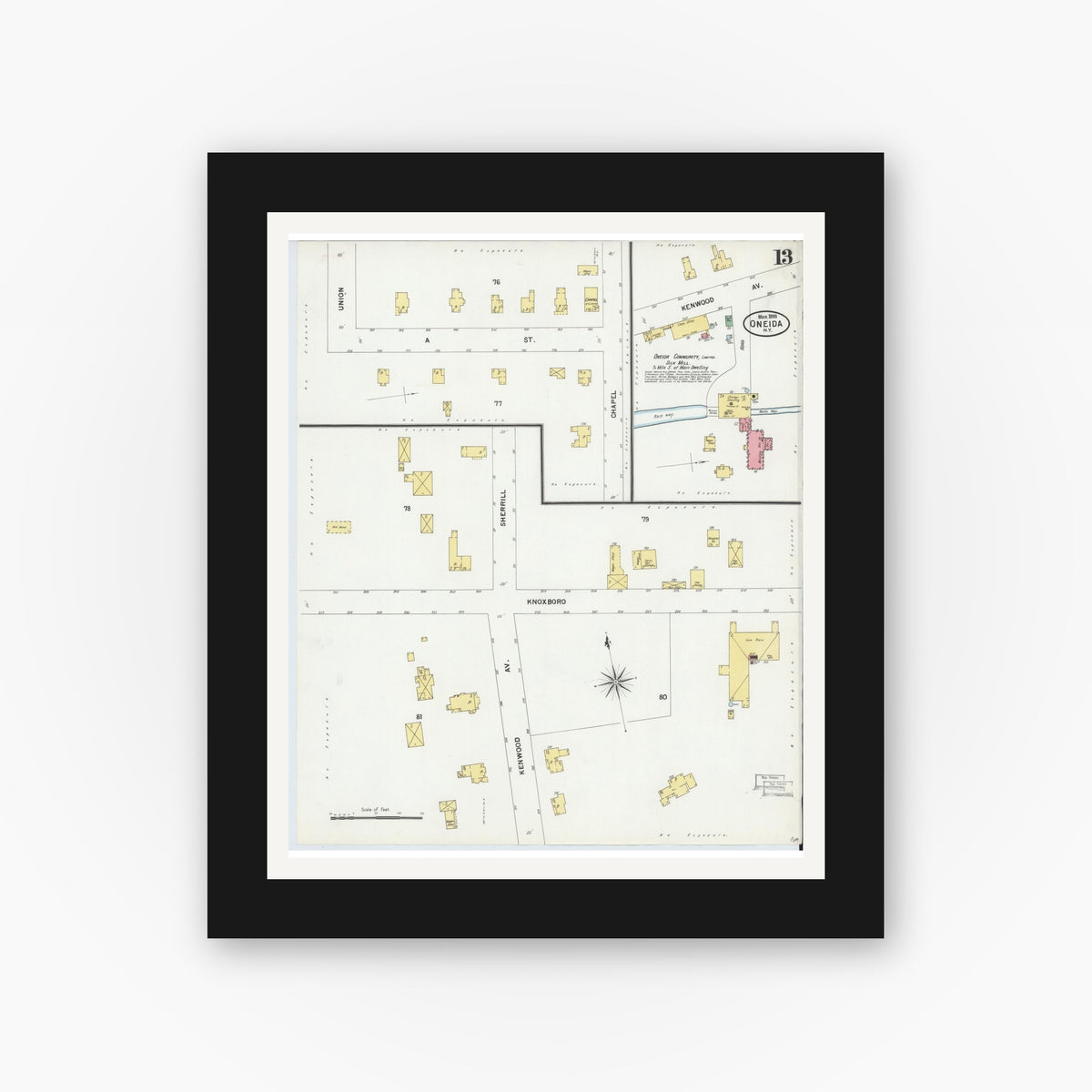 Old map wall art mockup — black gallery frame with white mat — Sanborn Fire Insurance Map from Oneida, Madison County, New York (1899), Sheet #0013