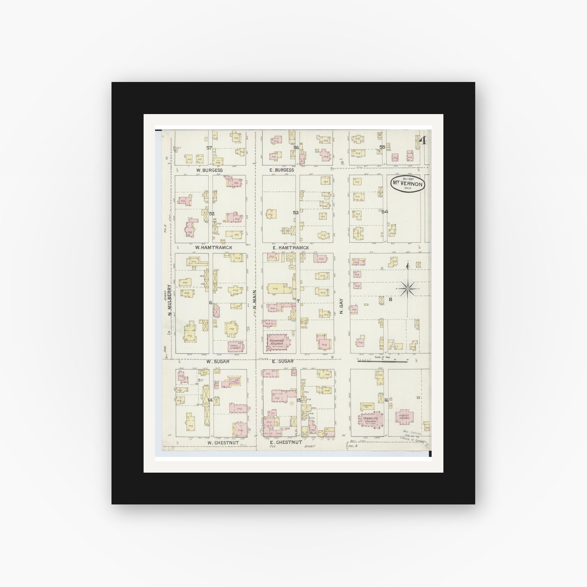 Old map wall art mockup — black gallery frame with white mat — Sanborn Fire Insurance Map from Mount Vernon, Knox County, Ohio (1887), Sheet #0004