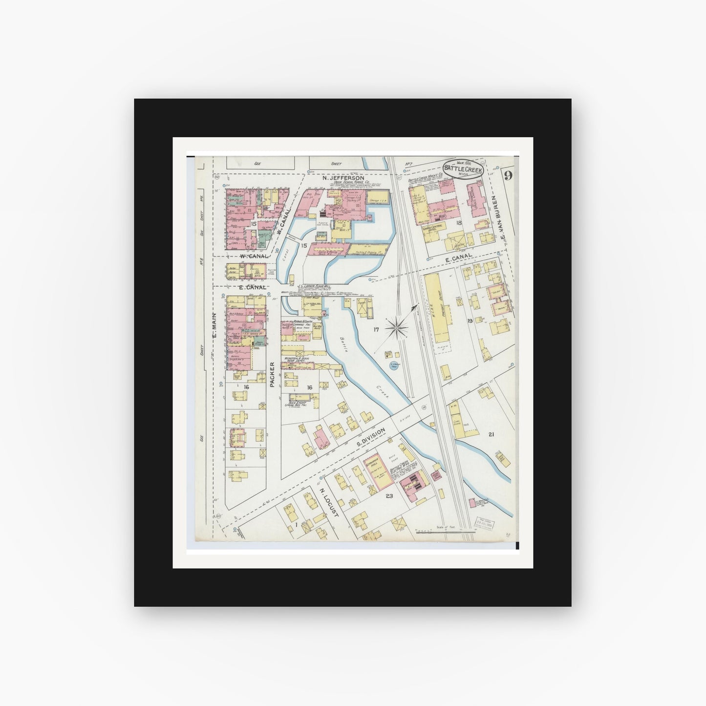 Old map wall art mockup — black gallery frame with white mat — Sanborn Fire Insurance Map from Battle Creek, Calhoun County, Michigan (1892), Sheet #0009
