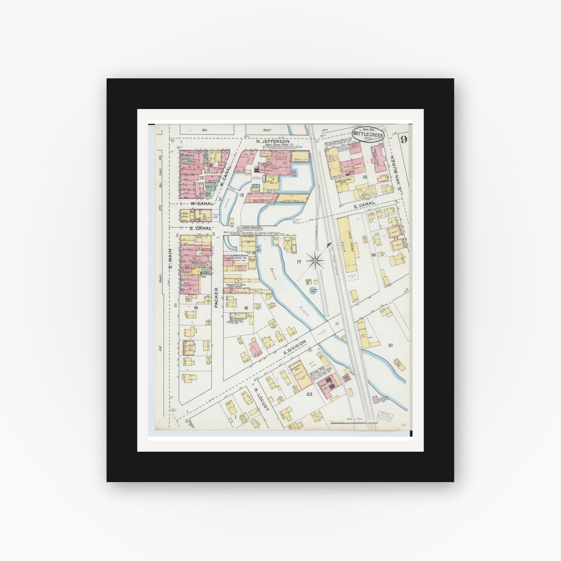 Old map wall art mockup — black gallery frame with white mat — Sanborn Fire Insurance Map from Battle Creek, Calhoun County, Michigan (1892), Sheet #0009