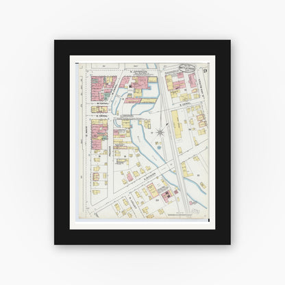 Old map wall art mockup — black gallery frame with white mat — Sanborn Fire Insurance Map from Battle Creek, Calhoun County, Michigan (1892), Sheet #0009