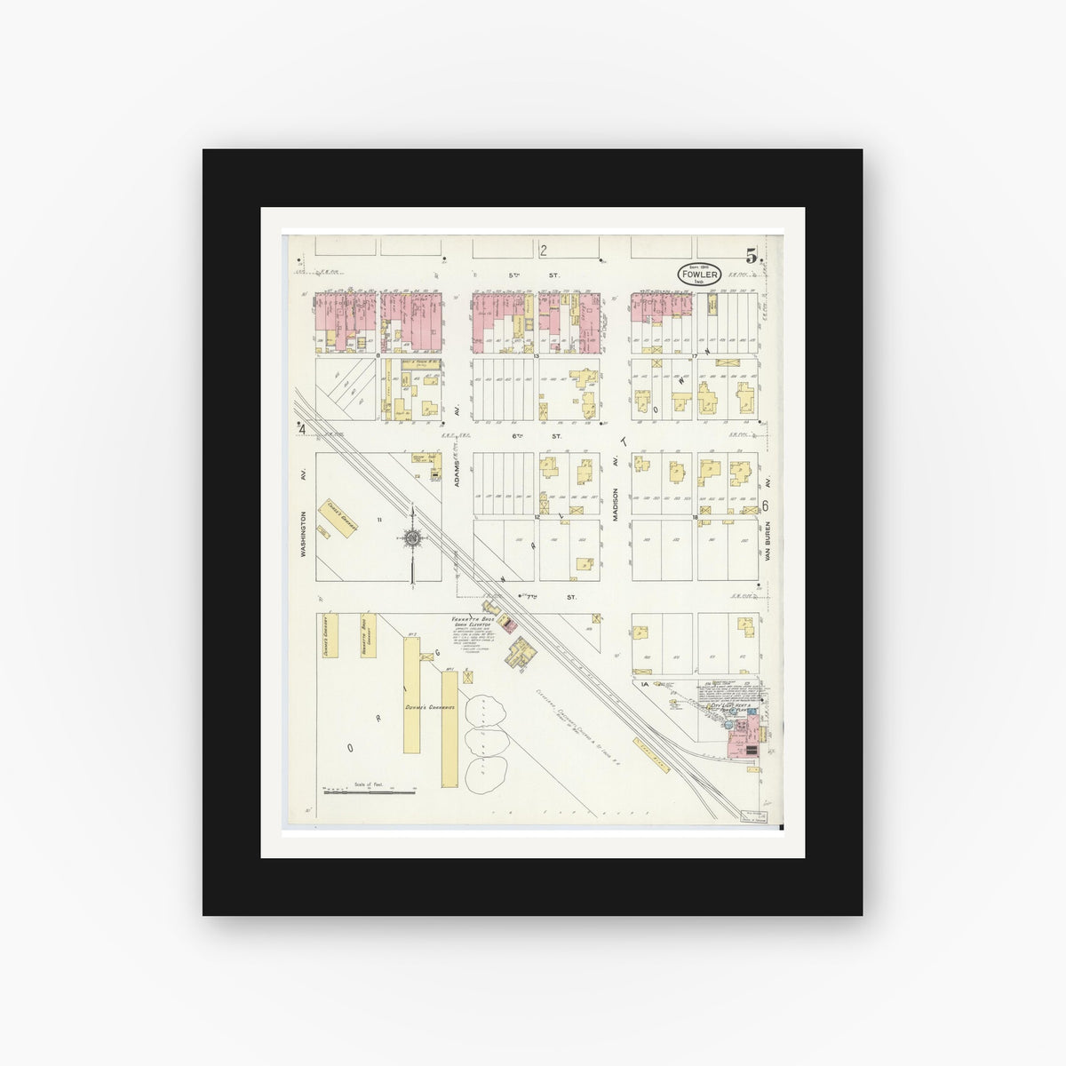 Old map wall art mockup — black gallery frame with white mat — Sanborn Fire Insurance Map from Fowler, Benton County, Indiana (1910), Sheet #0005