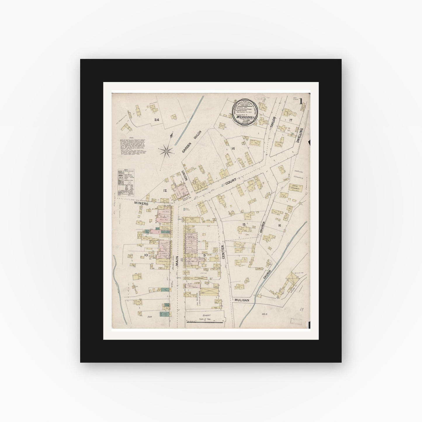 Old map wall art mockup — black gallery frame with white mat — Sanborn Fire Insurance Map from Weaverville, Trinity County, California (1889) - Complete Map Set