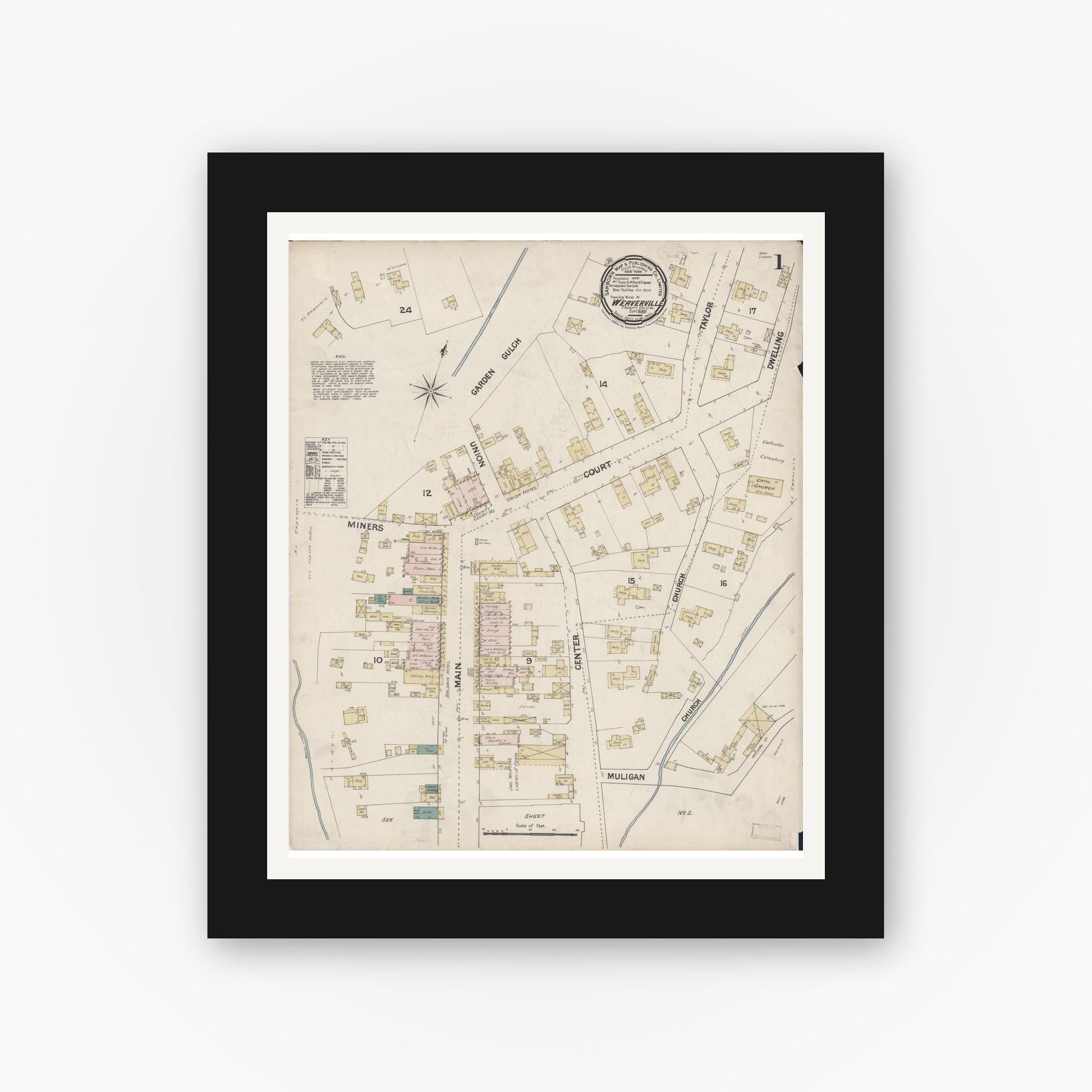 Old map wall art mockup — black gallery frame with white mat — Sanborn Fire Insurance Map from Weaverville, Trinity County, California (1889) - Complete Map Set