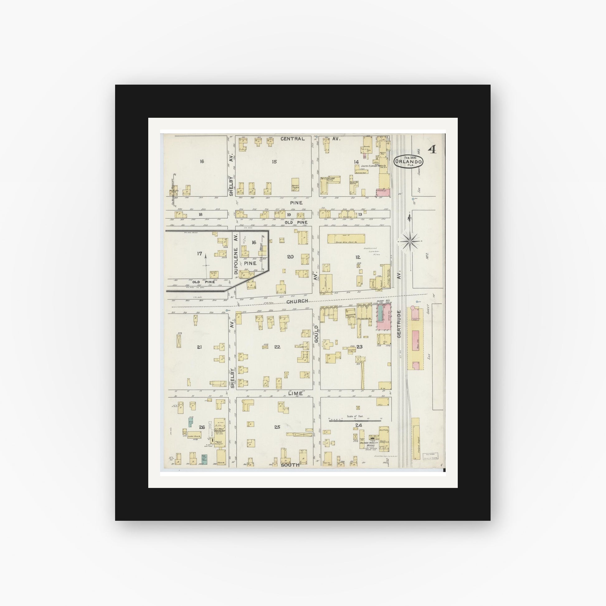 Old map wall art mockup — black gallery frame with white mat — Sanborn Fire Insurance Map from Orlando, Orange County, Florida (1892), Sheet #0004