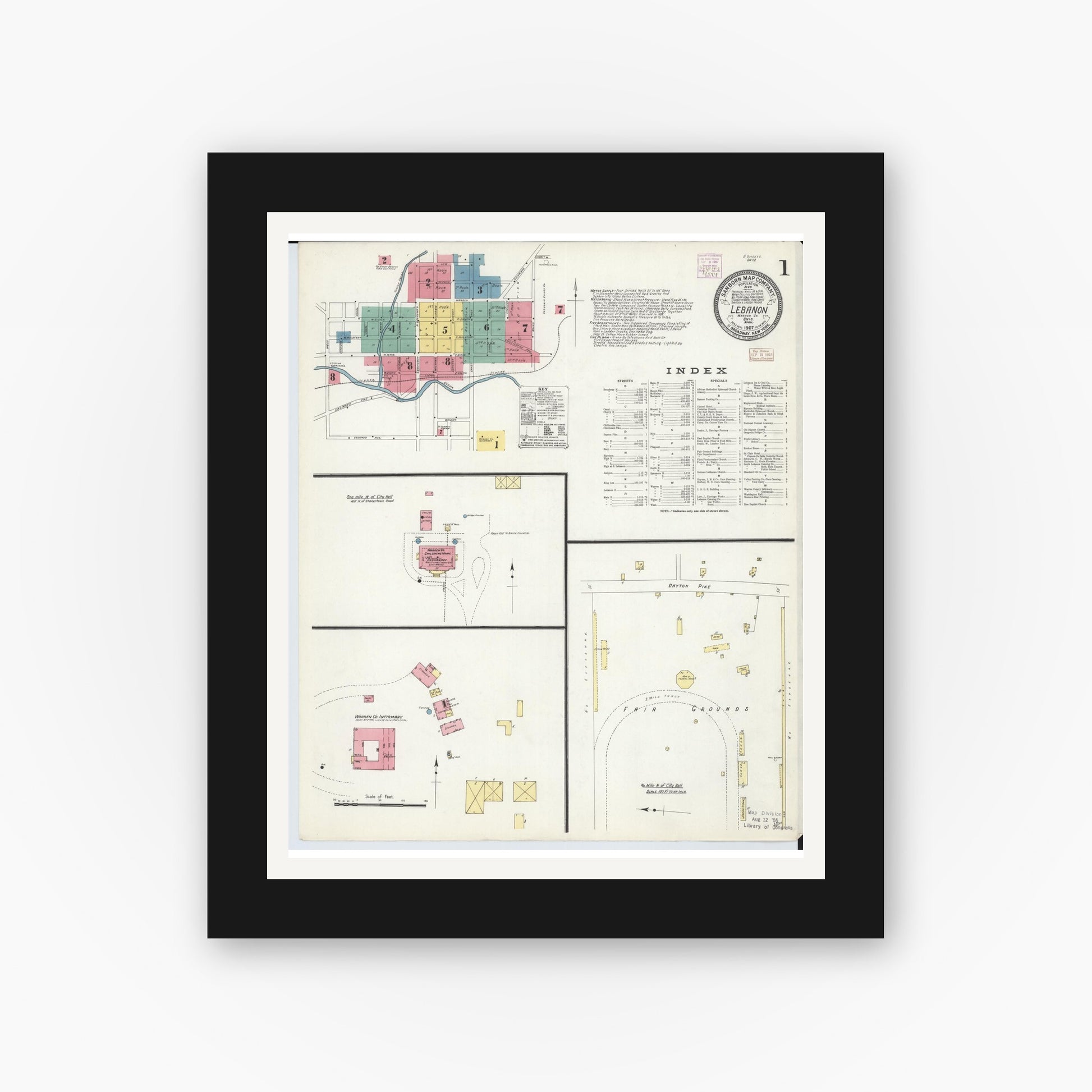 Old map wall art mockup — black gallery frame with white mat — Sanborn Fire Insurance Map from Lebanon, Warren County, Ohio (1907) - Complete Map Set