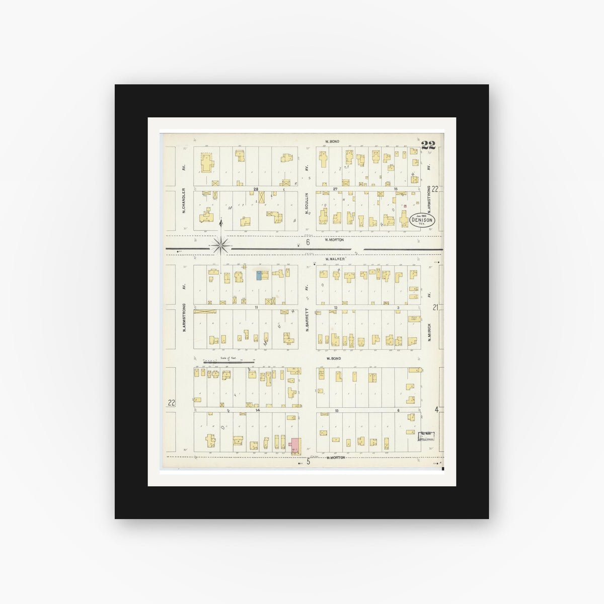 Old map wall art mockup — black gallery frame with white mat — Sanborn Fire Insurance Map from Denison, Grayson County, Texas (1903), Sheet #0022