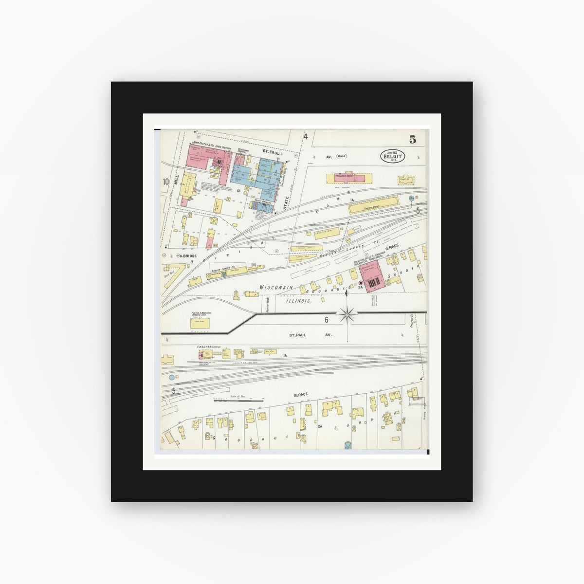 Old map wall art mockup — black gallery frame with white mat — Sanborn Fire Insurance Map from Beloit, Rock County, Wisconsin (1902), Sheet #0005