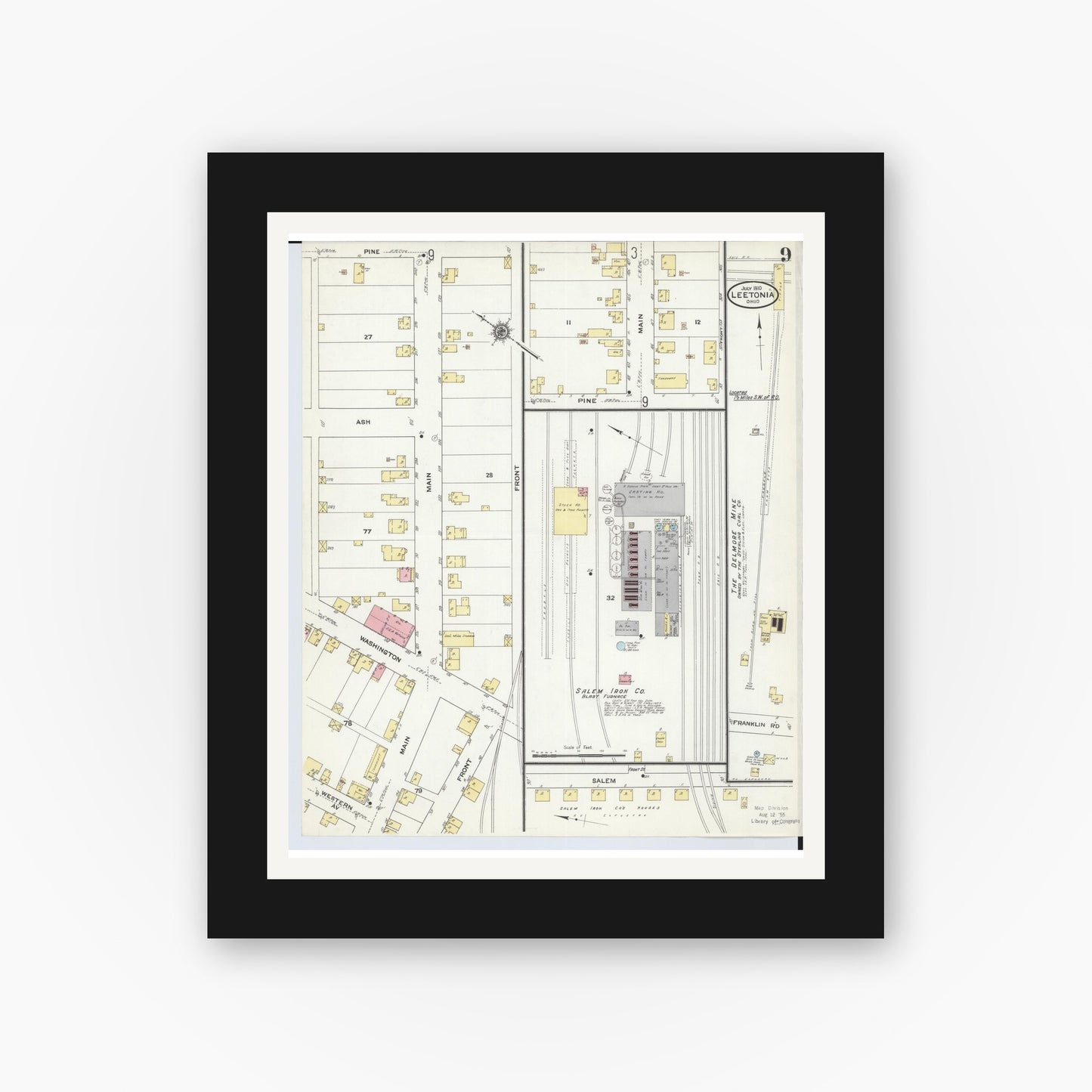 Old map wall art mockup — black gallery frame with white mat — Sanborn Fire Insurance Map from Leetonia, Columbiana County, Ohio (1910), Sheet #0009