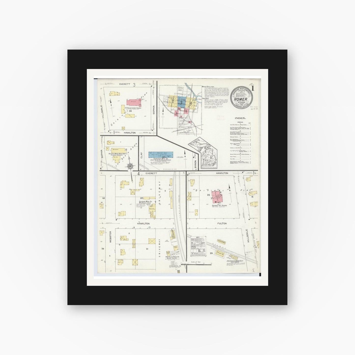 Old map wall art mockup — black gallery frame with white mat — Sanborn Fire Insurance Map from Homer, Calhoun County, Michigan (1913), Sheet #0001