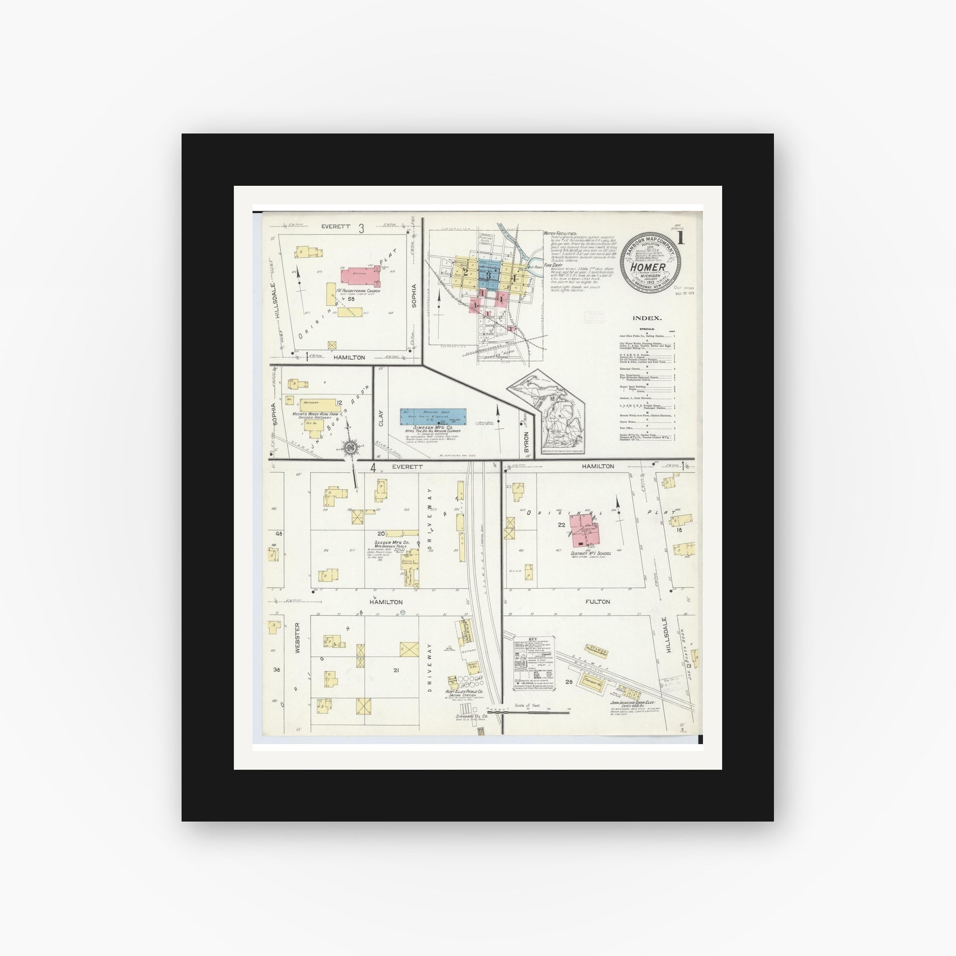 Old map wall art mockup — black gallery frame with white mat — Sanborn Fire Insurance Map from Homer, Calhoun County, Michigan (1913), Sheet #0001