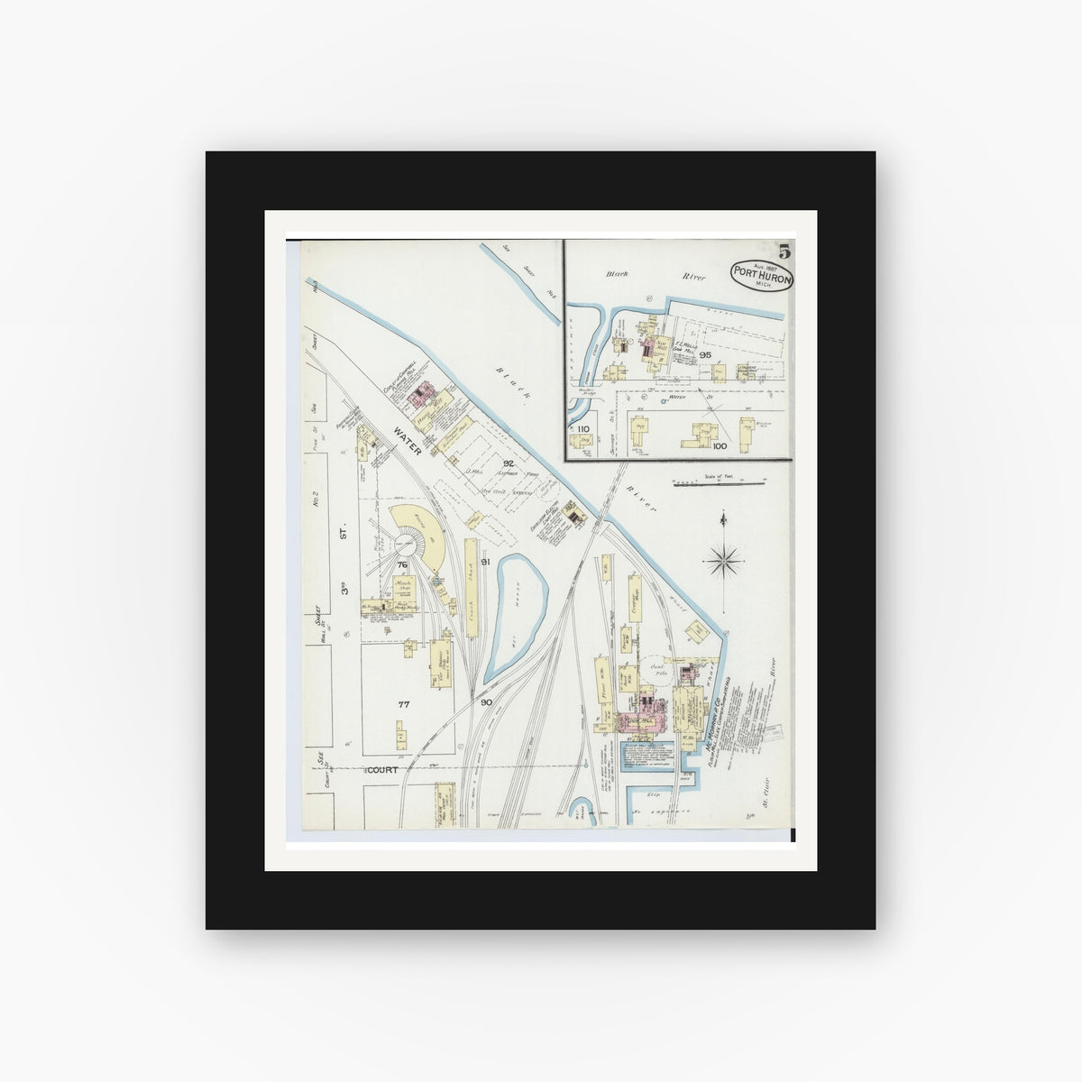 Old map wall art mockup — black gallery frame with white mat — Sanborn Fire Insurance Map from Port Huron, Saint Clair County, Michigan (1887), Sheet #0005