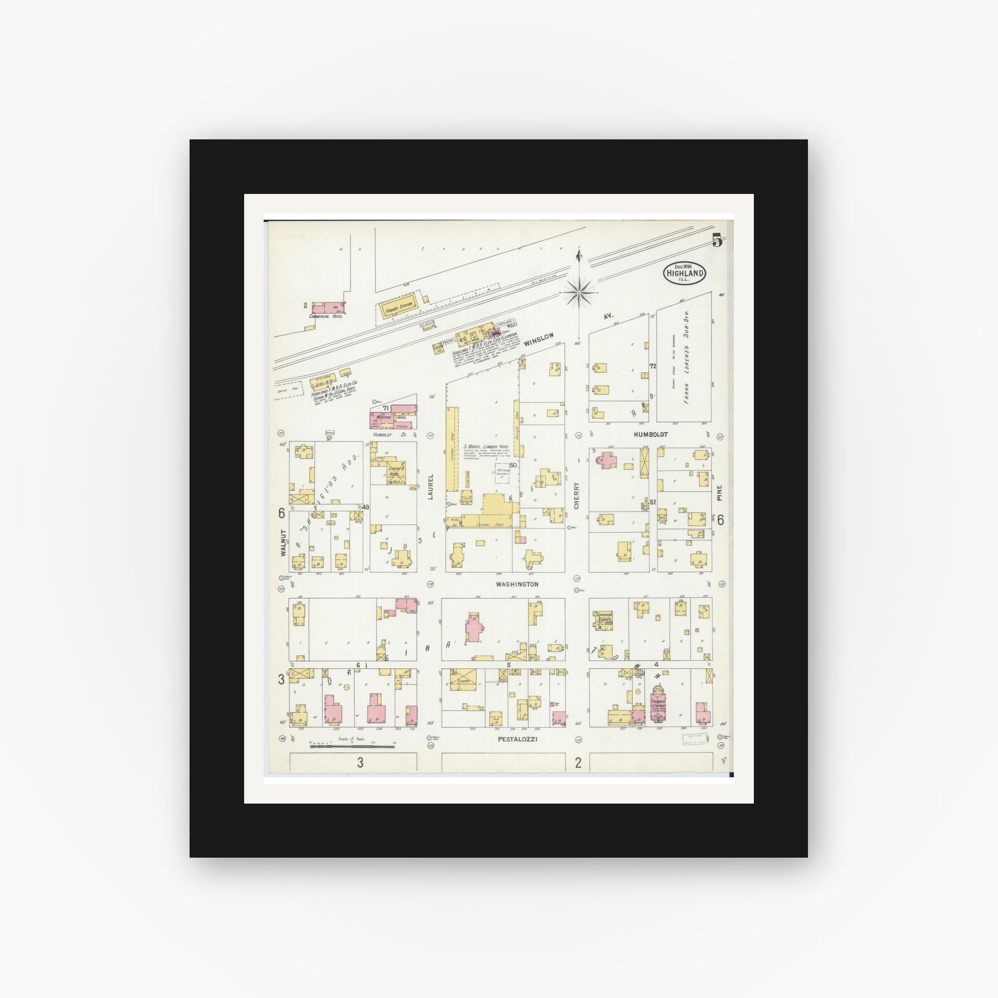 Old map wall art mockup — black gallery frame with white mat — Sanborn Fire Insurance Map from Highland, Madison County, Illinois (1899), Sheet #0005