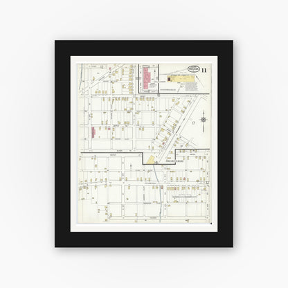 Old map wall art mockup — black gallery frame with white mat — Sanborn Fire Insurance Map from Indiana, Indiana County, Pennsylvania (1916), Sheet #0011