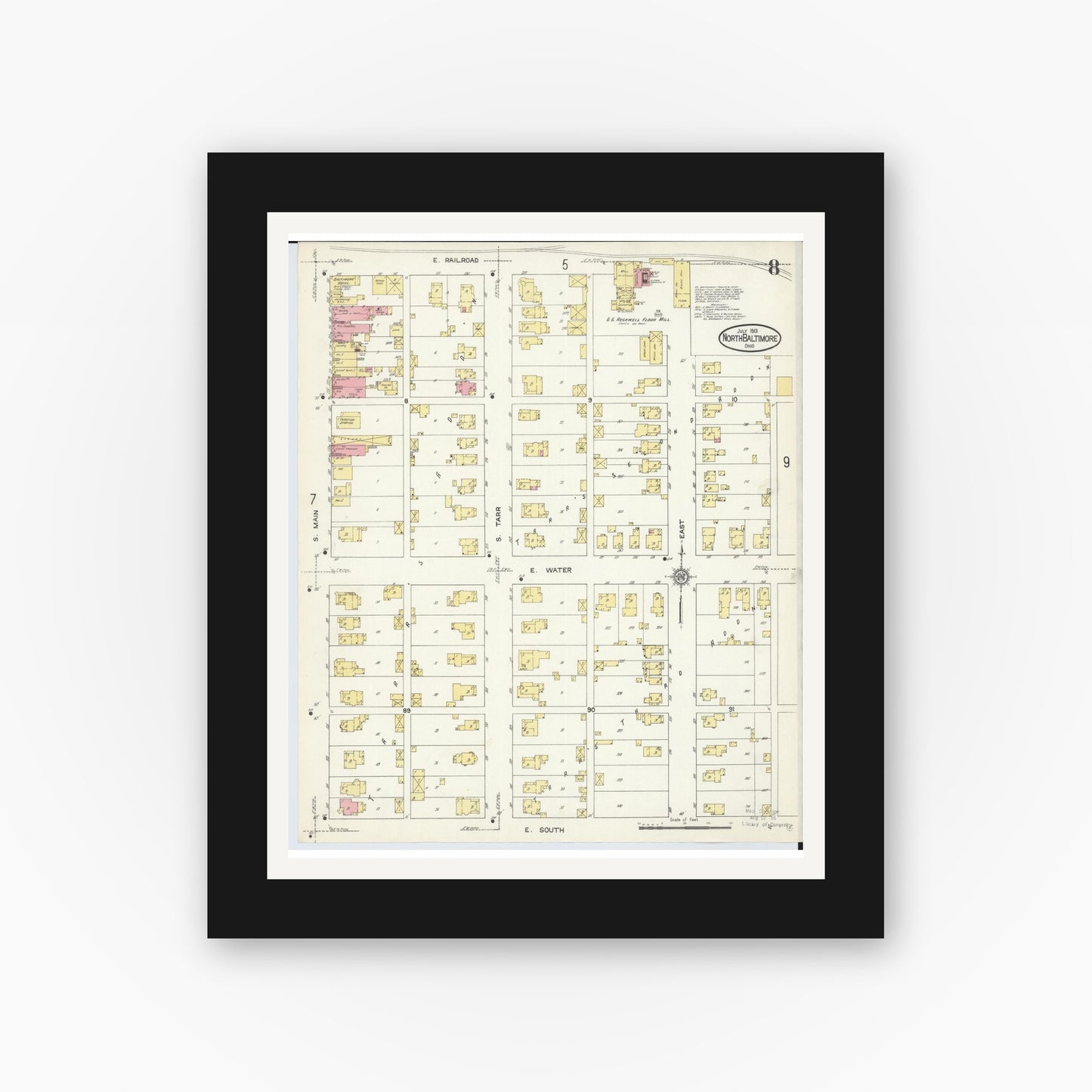 Old map wall art mockup — black gallery frame with white mat — Sanborn Fire Insurance Map from North Baltimore, Wood County, Ohio (1913), Sheet #0008