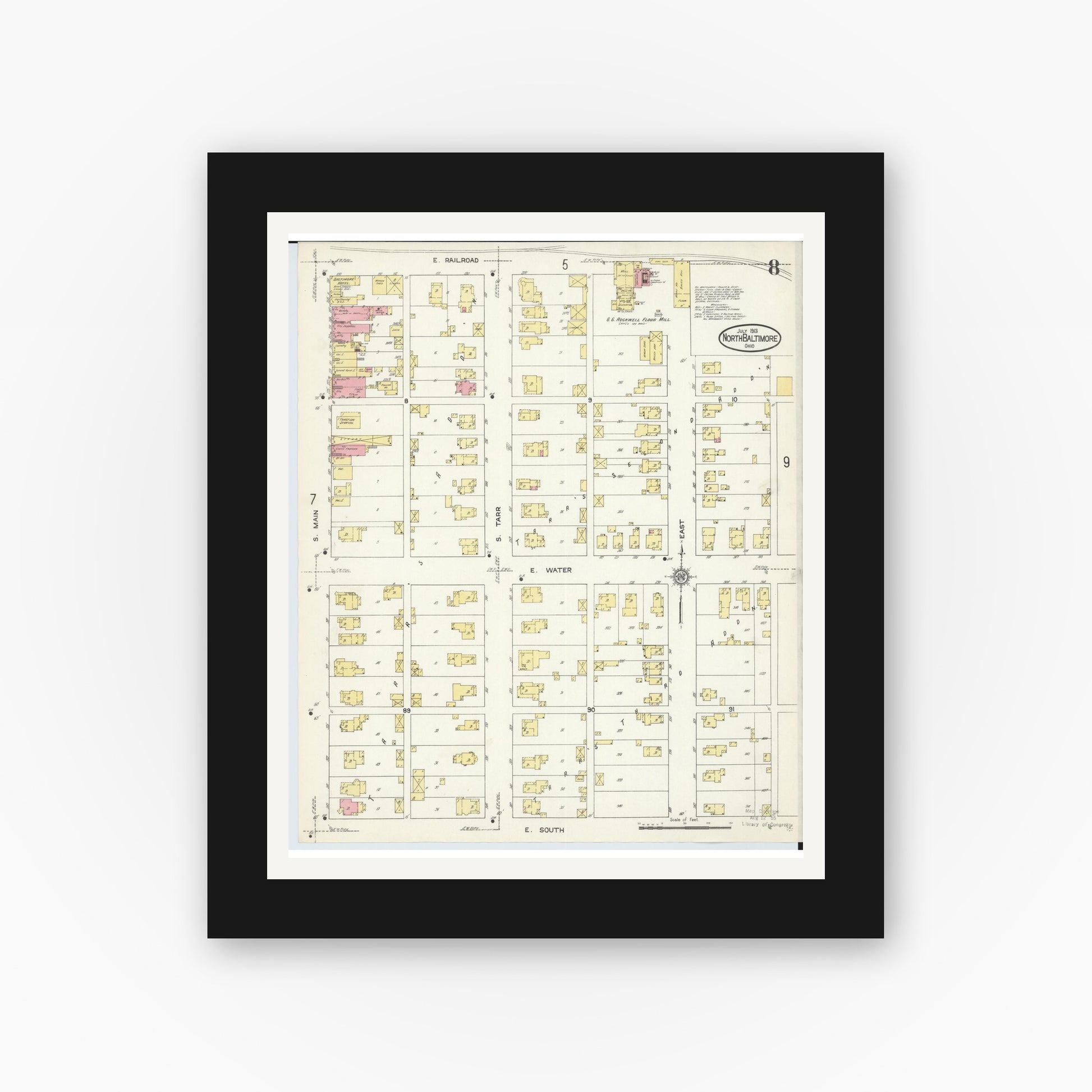 Old map wall art mockup — black gallery frame with white mat — Sanborn Fire Insurance Map from North Baltimore, Wood County, Ohio (1913), Sheet #0008