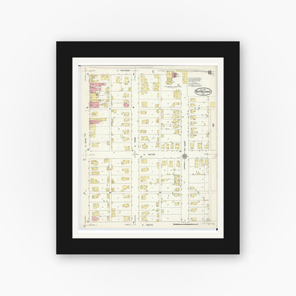 Old map wall art mockup — black gallery frame with white mat — Sanborn Fire Insurance Map from North Baltimore, Wood County, Ohio (1913), Sheet #0008