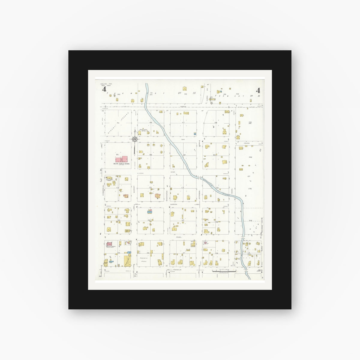 Old map wall art mockup — black gallery frame with white mat — Sanborn Fire Insurance Map from Goliad, Goliad County, Texas (1934), Sheet #0004