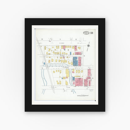Old map wall art mockup — black gallery frame with white mat — Sanborn Fire Insurance Map from Pontiac, Oakland County, Michigan (1919), Sheet #0013