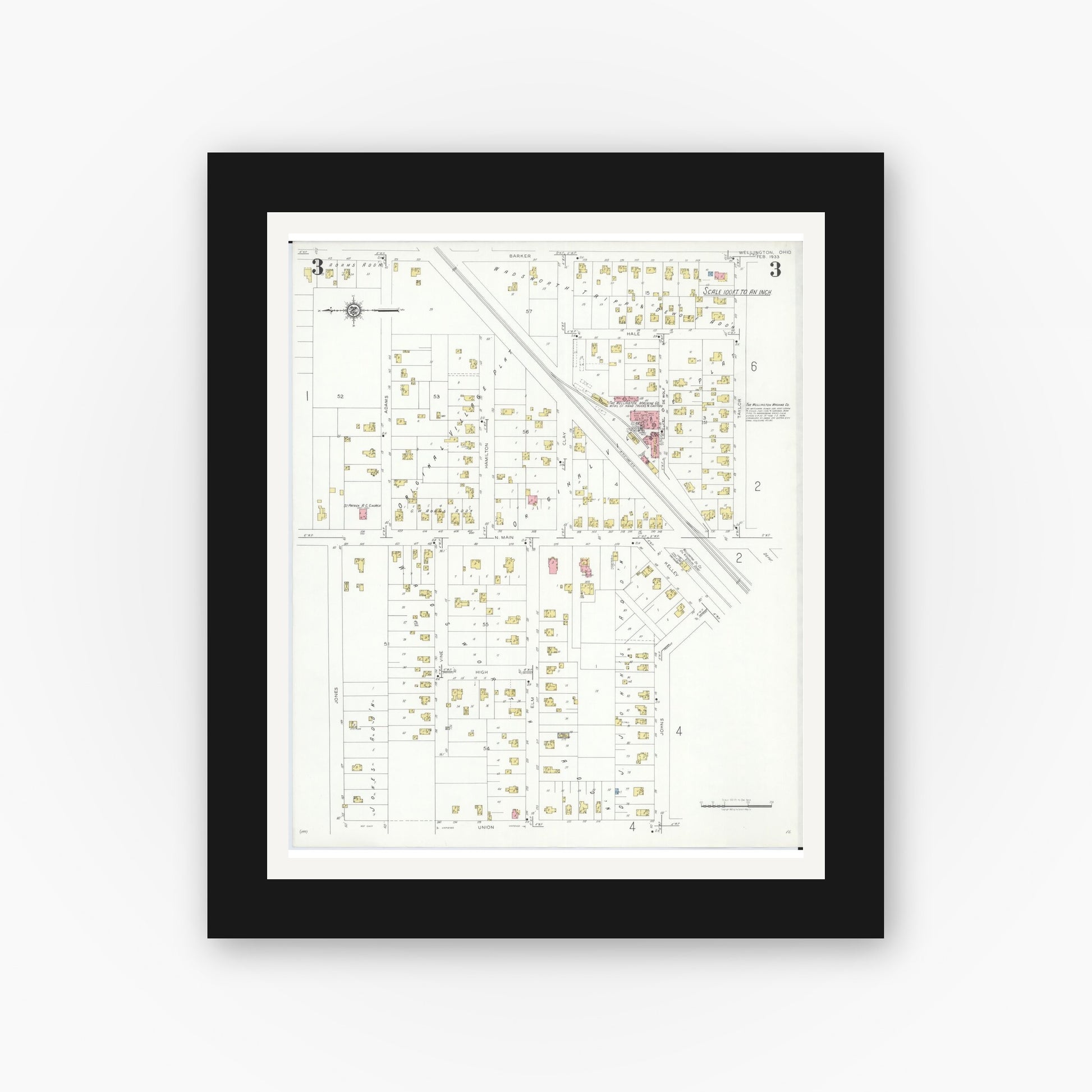 Old map wall art mockup — black gallery frame with white mat — Sanborn Fire Insurance Map from Wellington, Lorain County, Ohio (1933), Sheet #0003