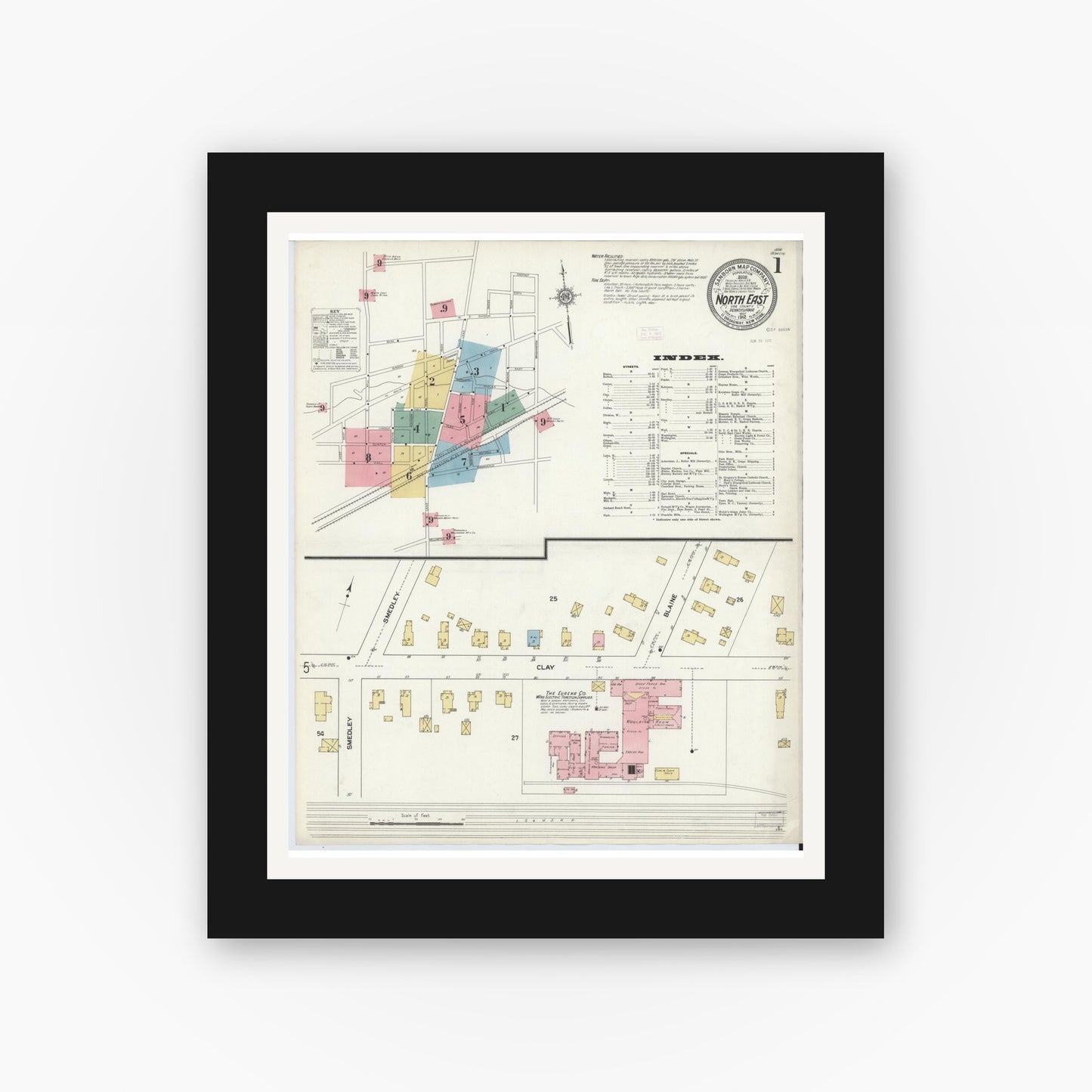 Old map wall art mockup — black gallery frame with white mat — Sanborn Fire Insurance Map from North East, Erie County, Pennsylvania (1912) - Complete Map Set